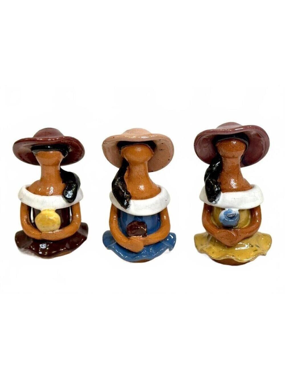 Set of 3 Vintage Handmade Terracotta Women Figurines Latin American Folk Pottery